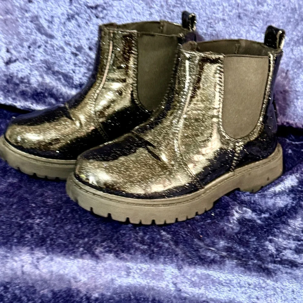 Kids Glitter Chelsea‎ Boots Black Metallic Sparkle Pull On Chunky Sole Size 9